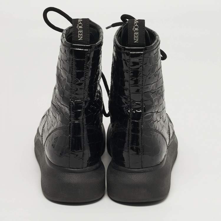 Pre Owned Alexander McQueen Oversized Size 41 Black Croc Embossed Patent Leather High Top Sneakers