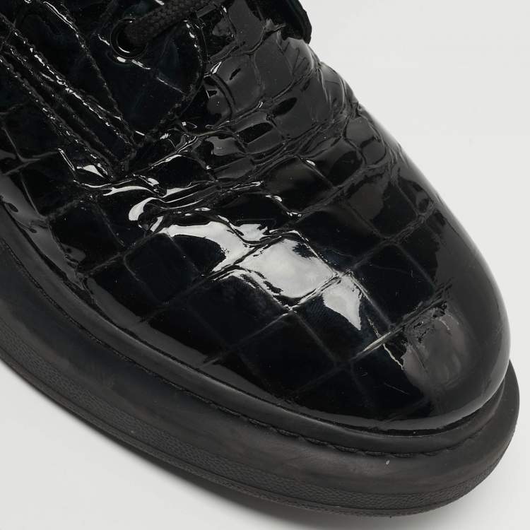 Pre Owned Alexander McQueen Oversized Size 41 Black Croc Embossed Patent Leather High Top Sneakers
