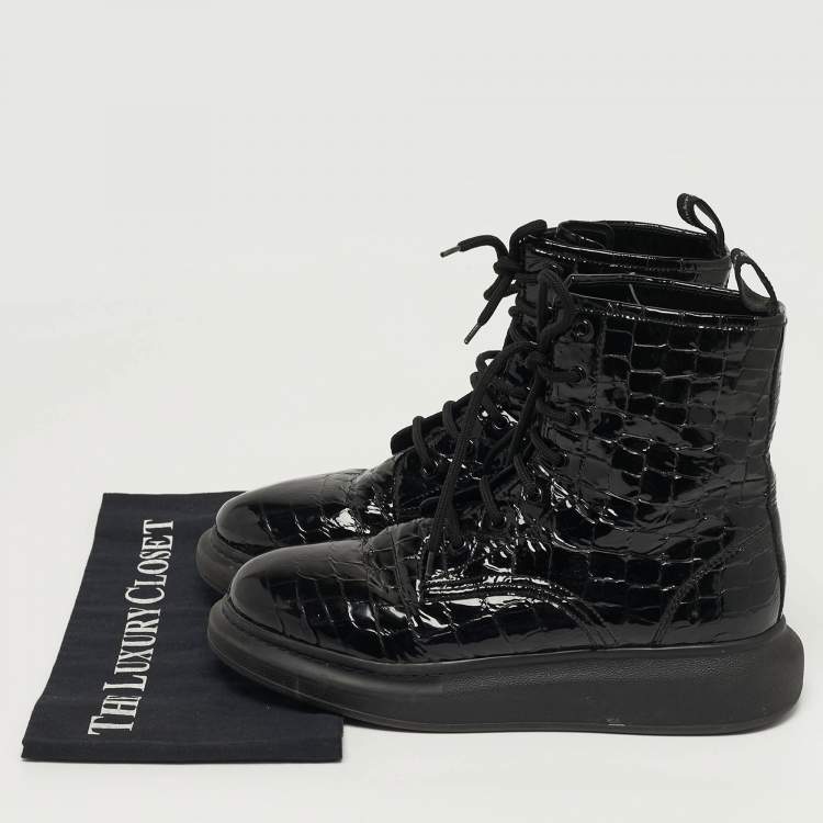 Pre Owned Alexander McQueen Oversized Size 41 Black Croc Embossed Patent Leather High Top Sneakers