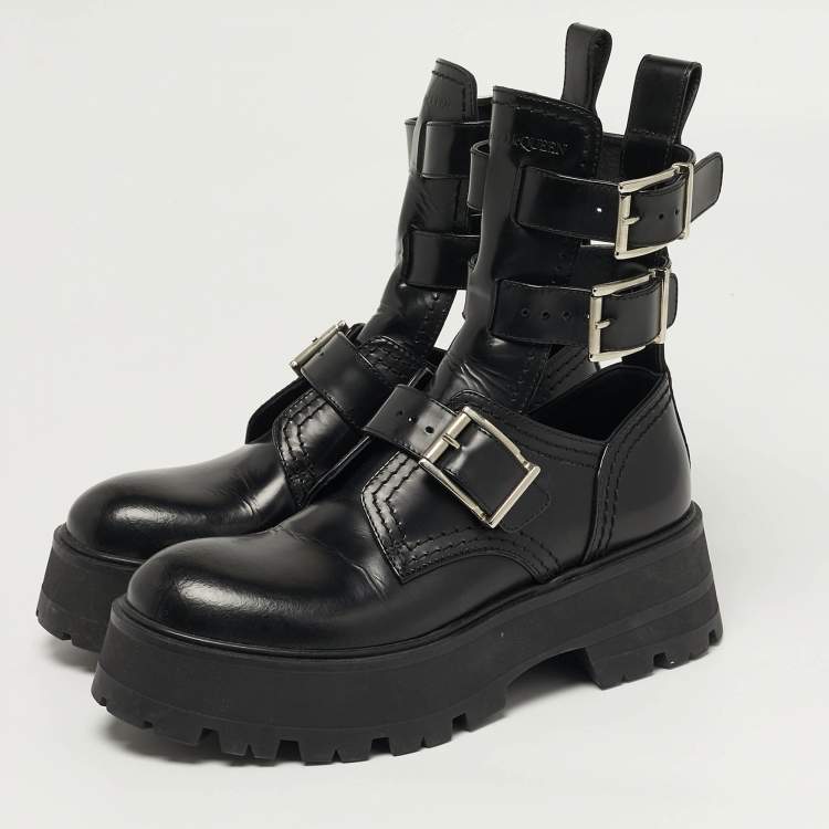 Pre Owned Alexander McQueen Size 37.5 Black Leather Ankle Length Boots