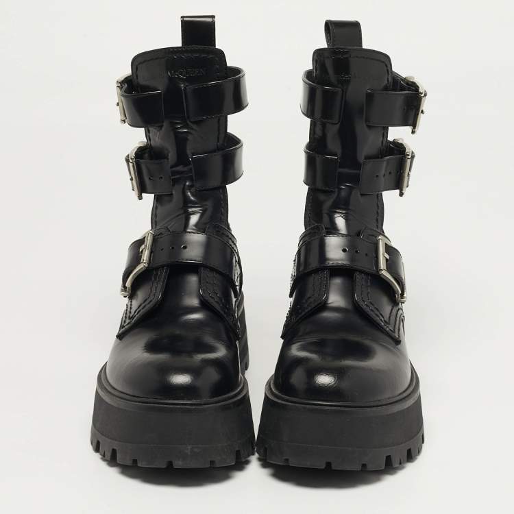 Pre Owned Alexander McQueen Size 37.5 Black Leather Ankle Length Boots