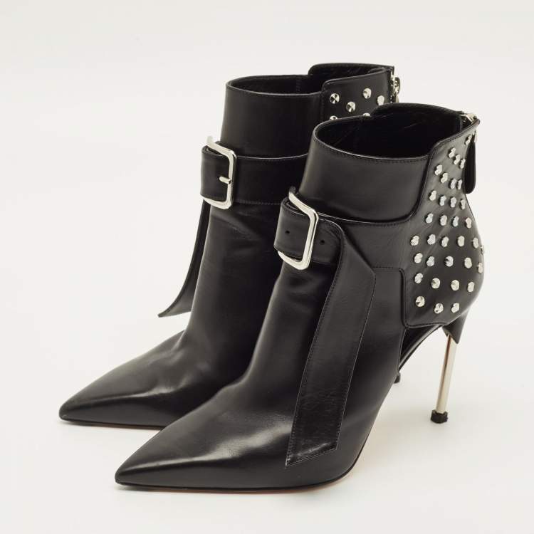 Pre Owned Alexander McQueen Size 39 Black Leather Embellished Ankle Length Boots