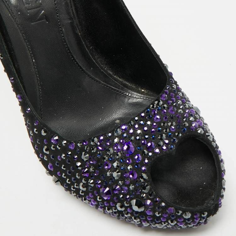 Pre Owned Alexander McQueen Heart Size 38 Black Suede Crystal Embellished Peep Toe Pumps