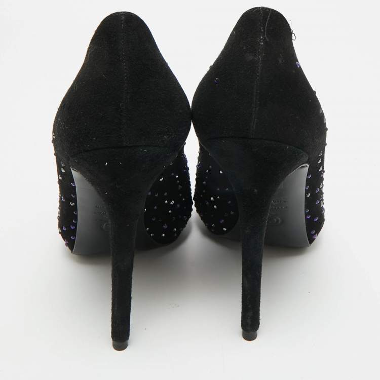 Pre Owned Alexander McQueen Heart Size 38 Black Suede Crystal Embellished Peep Toe Pumps