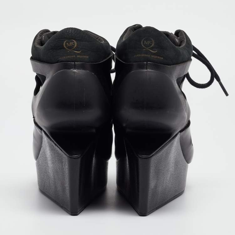 Pre Owned McQ By Alexander McQueen For Puma Black Leather and Nubuck Leap Wedge Sneakers Size 40.5