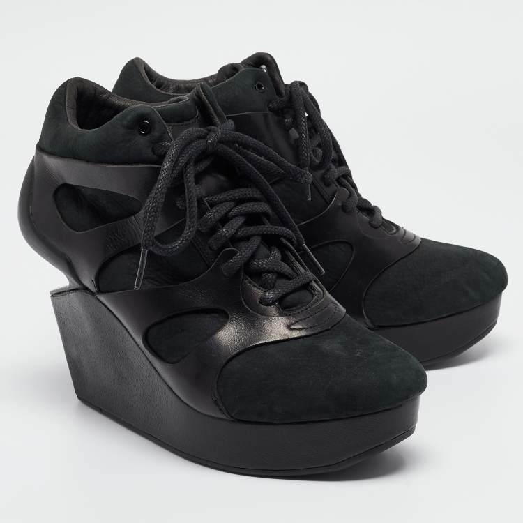 Pre Owned McQ By Alexander McQueen For Puma Black Leather and Nubuck Leap Wedge Sneakers Size 40.5