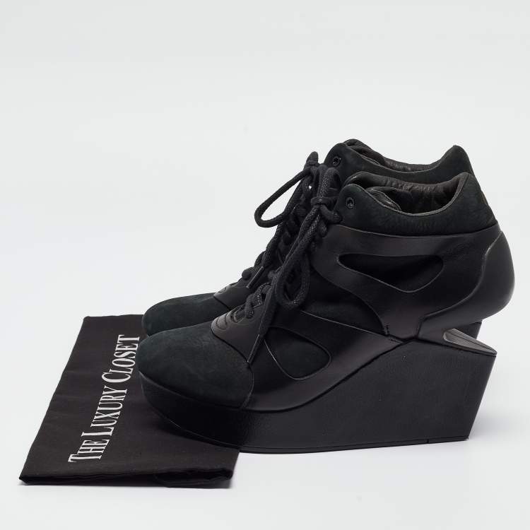 Pre Owned McQ By Alexander McQueen For Puma Black Leather and Nubuck Leap Wedge Sneakers Size 40.5