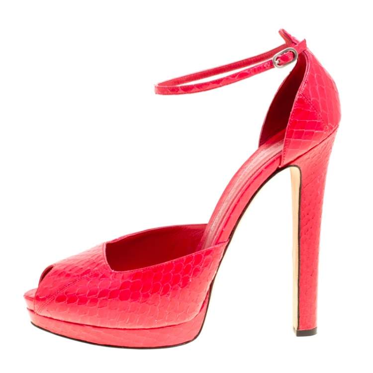 Pre Owned Alexander McQueen Red Python Peep Toe Ankle Strap Platform Sandals Size 40