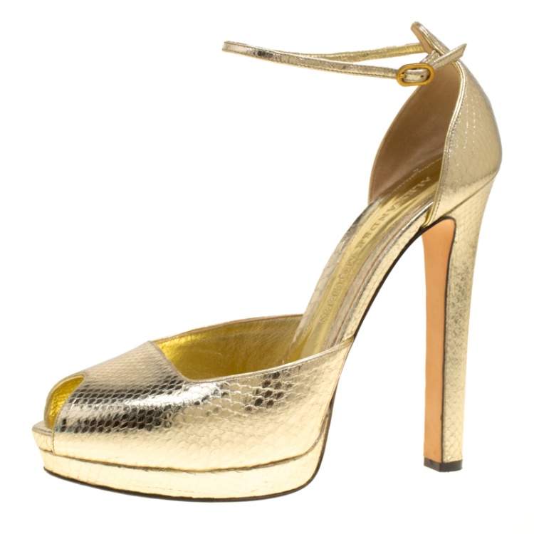 Pre Owned Alexander McQueen Metallic Embossed Python Leather Peep Toe Ankle Strap Platform Sandals Size 40