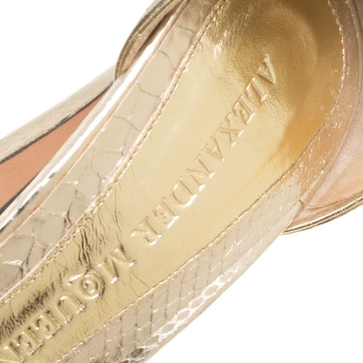 Pre Owned Alexander McQueen Metallic Embossed Python Leather Peep Toe Ankle Strap Platform Sandals Size 40