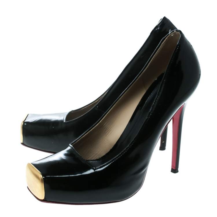 Pre Owned Alexander McQueen Black Patent Leather Square Toe Platform Pumps Size 37.5