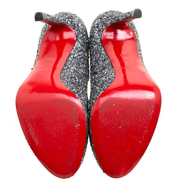 Pre Owned Christian Louboutin Metallic Silver Coarse Glitter Lady Lynch Pumps  Size 38.5