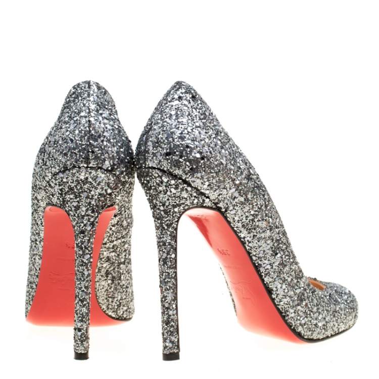 Pre Owned Christian Louboutin Metallic Silver Coarse Glitter Lady Lynch Pumps  Size 38.5