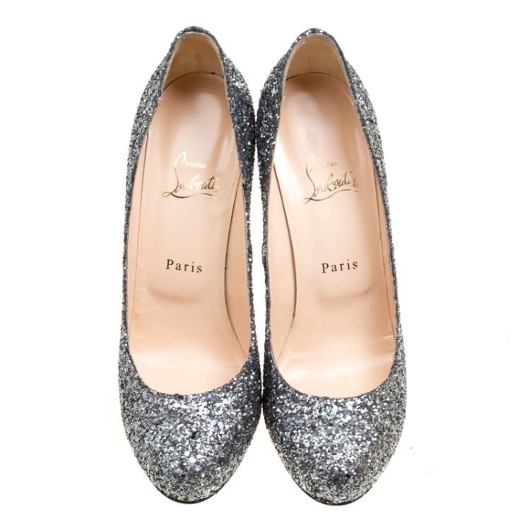 Pre Owned Christian Louboutin Metallic Silver Coarse Glitter Lady Lynch Pumps  Size 38.5