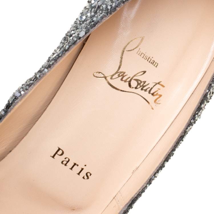 Pre Owned Christian Louboutin Metallic Silver Coarse Glitter Lady Lynch Pumps  Size 38.5