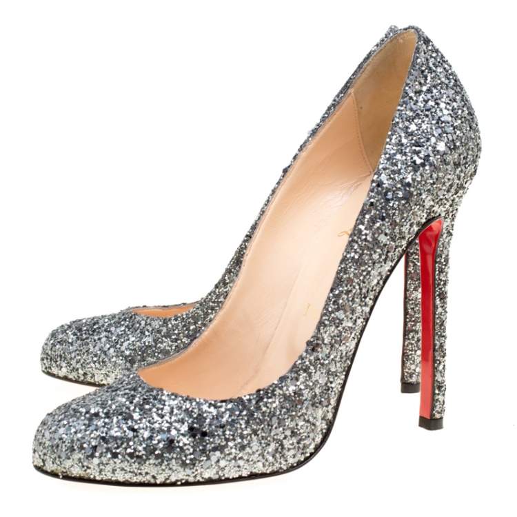 Pre Owned Christian Louboutin Metallic Silver Coarse Glitter Lady Lynch Pumps  Size 38.5