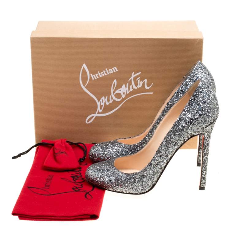 Pre Owned Christian Louboutin Metallic Silver Coarse Glitter Lady Lynch Pumps  Size 38.5