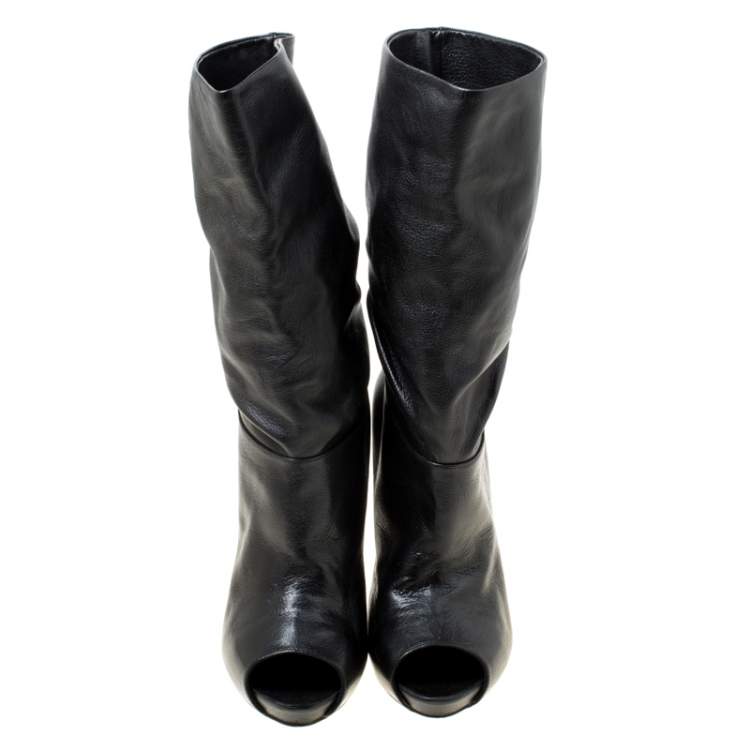 مملوكة مسبقًا Alexander McQueen Black Leather Ruched Detail Peep Toe Calf Boots Size 40.5