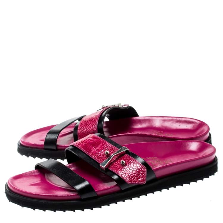 Pre Owned Alexander McQueen Pink/Black Ostrich Leg And Leather Flat Sandals Size 40