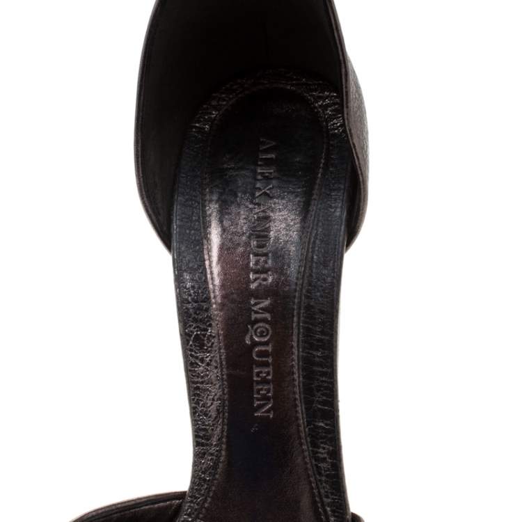 Pre Owned Alexander McQueen Metallic Gunmetal Leather Crystal Embellished Skull Ankle Strap Platform Sandals Size 40