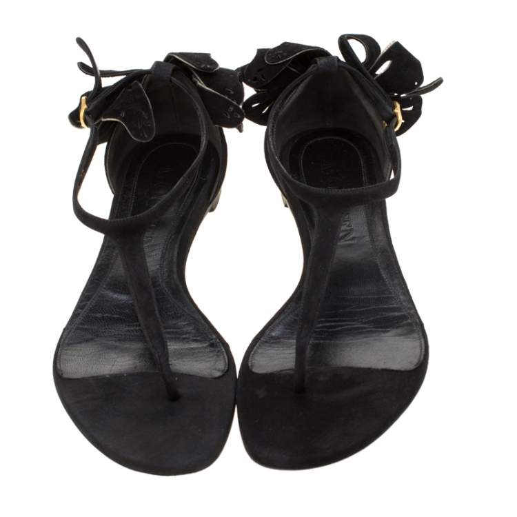 Pre Owned Alexander McQueen Black Leather Butterfly Detail Flat Sandals Size 36