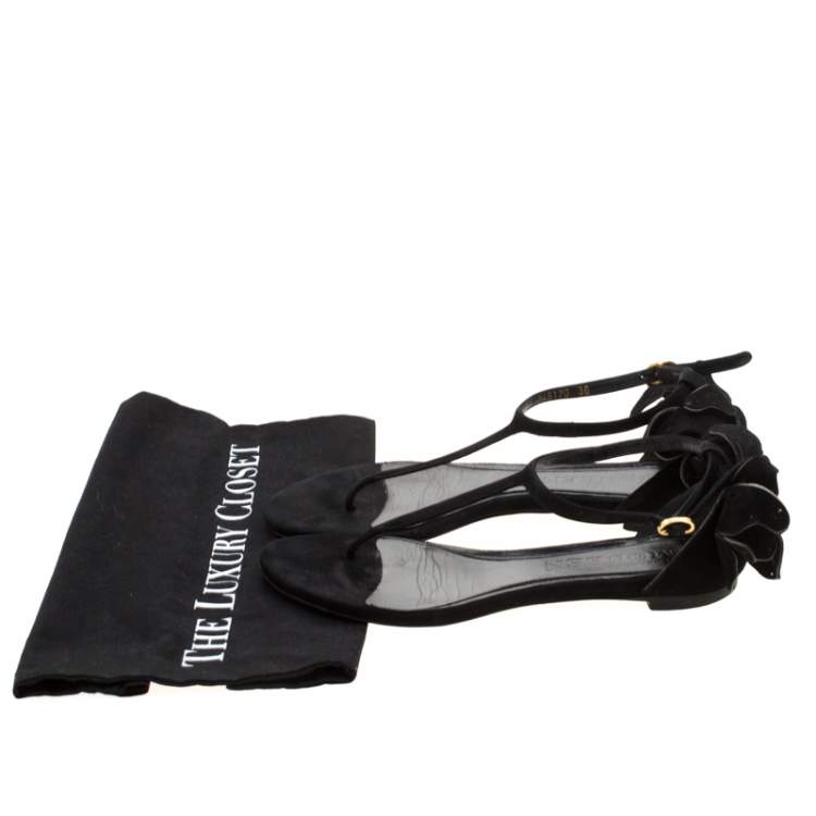 Pre Owned Alexander McQueen Black Leather Butterfly Detail Flat Sandals Size 36