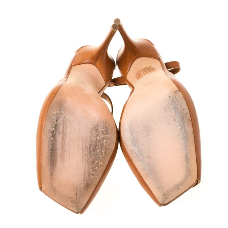 Pre Owned Alexander McQueen Tan Leather Mules Ankle Strap Sandals Size 37