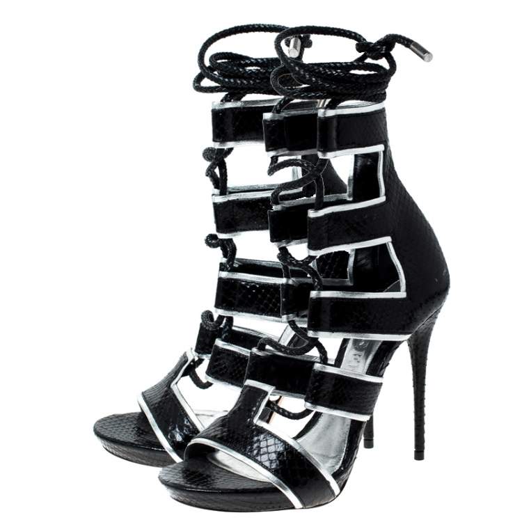 Pre Owned Alexander McQueen Black Python Leather Ankle Wrap Sandals Size 37.5
