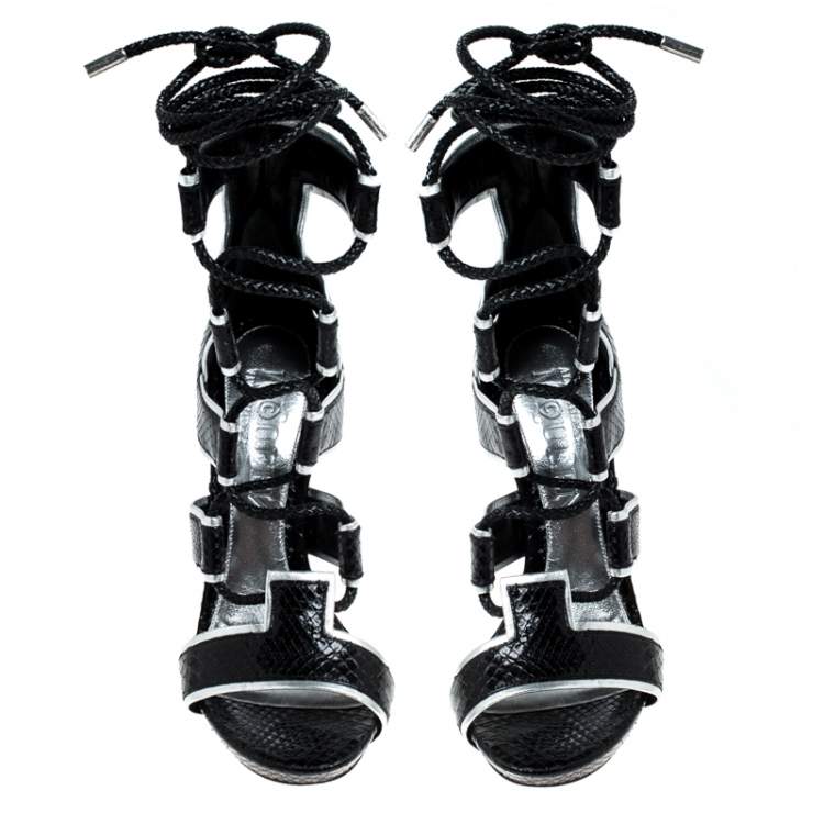 Pre Owned Alexander McQueen Black Python Leather Ankle Wrap Sandals Size 37.5