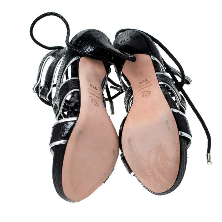 Pre Owned Alexander McQueen Black Python Leather Ankle Wrap Sandals Size 37.5