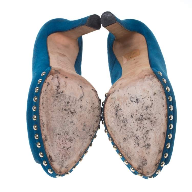 Pre Owned Alexander McQueen Blue Suede Crystal Embellished Skull Peep Toe Platform Pumps Size 39.5
