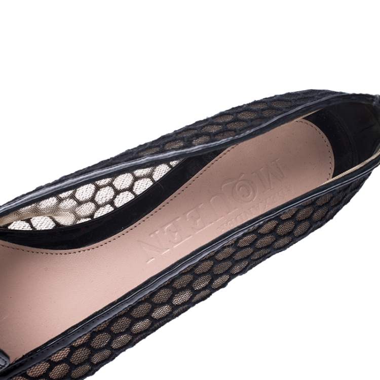 Pre Owned Alexander McQueen Black Patent Leather And Mesh Ballet Flats Size 38