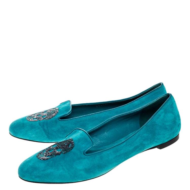 Pre Owned Alexander McQueen Blue Suede Sequins Skull Smoking Slippers Size 39