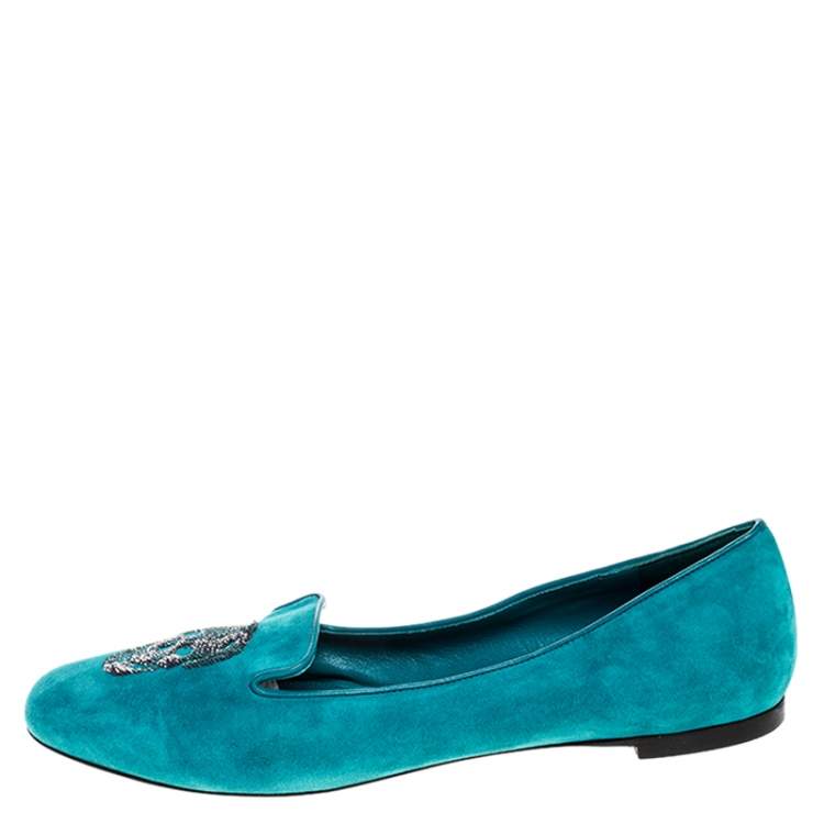 Pre Owned Alexander McQueen Blue Suede Sequins Skull Smoking Slippers Size 39