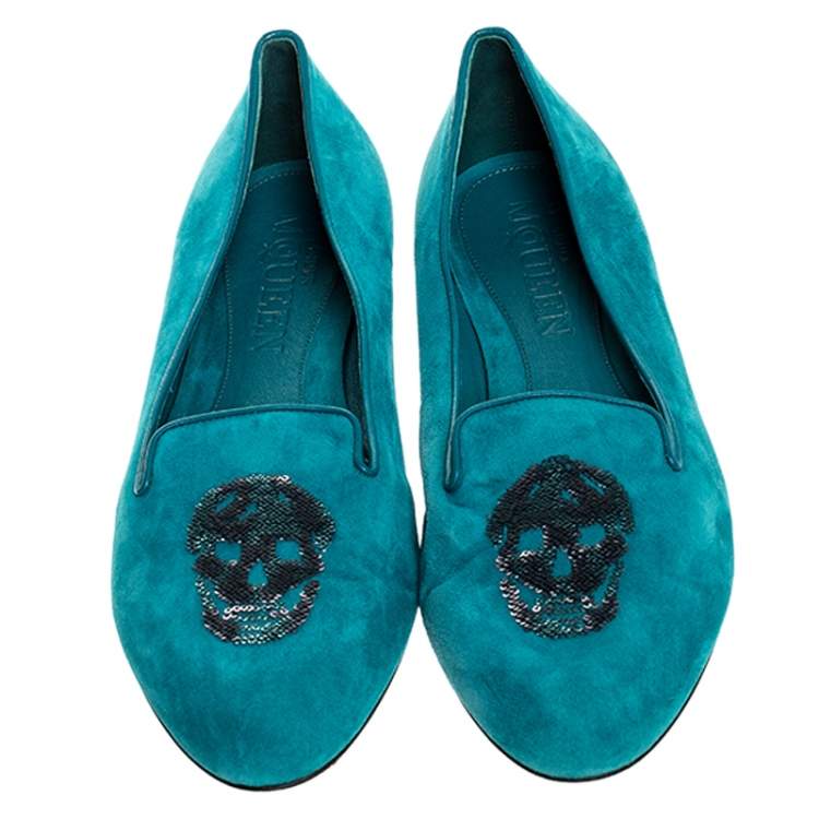 Pre Owned Alexander McQueen Blue Suede Sequins Skull Smoking Slippers Size 39