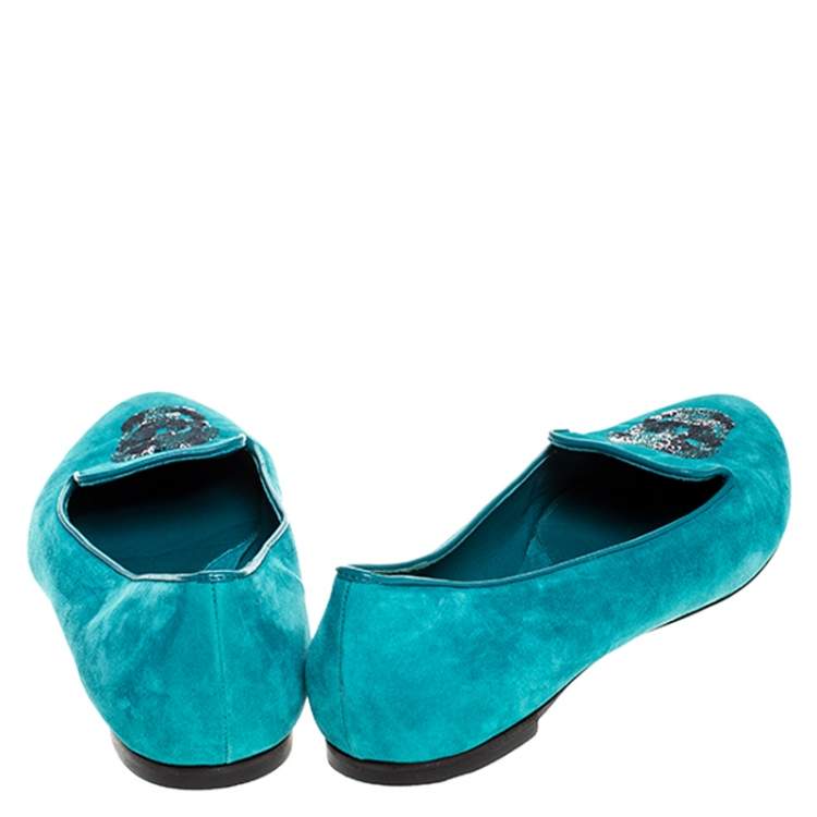 Pre Owned Alexander McQueen Blue Suede Sequins Skull Smoking Slippers Size 39