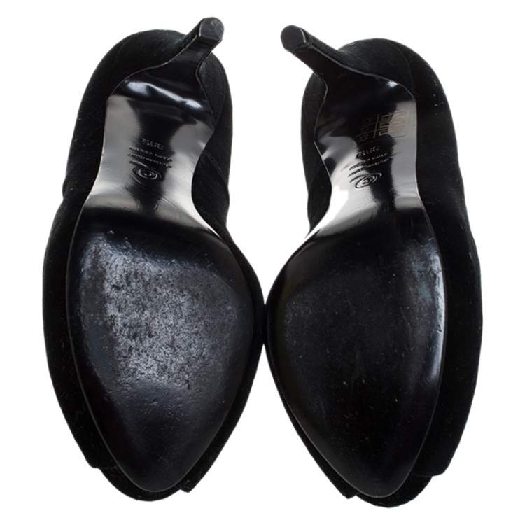 Pre Owned Alexander McQueen Black Velvet Crystal Embellished Skull Peep Toe Platform Pumps Size 39.5