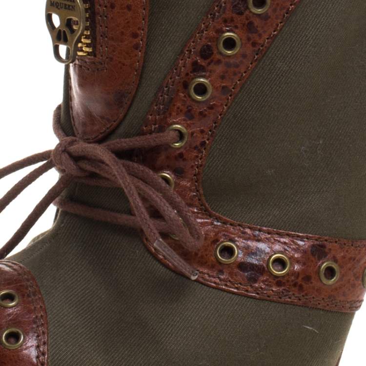 Pre Owned Alexander McQueen Khaki Green/Brown Canvas and Leather Faithful Peep Toe Boots Size 39