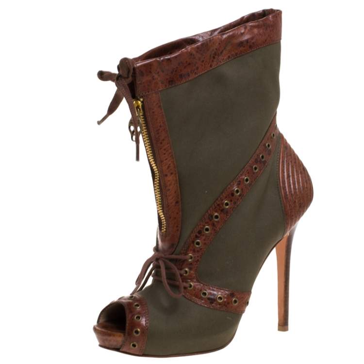 Pre Owned Alexander McQueen Khaki Green/Brown Canvas and Leather Faithful Peep Toe Boots Size 39