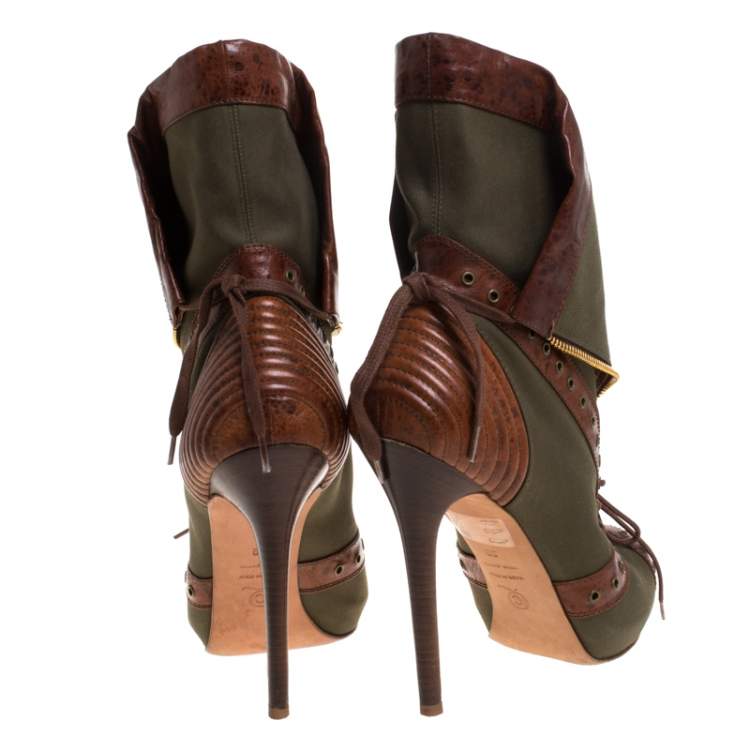 Pre Owned Alexander McQueen Khaki Green/Brown Canvas and Leather Faithful Peep Toe Boots Size 39