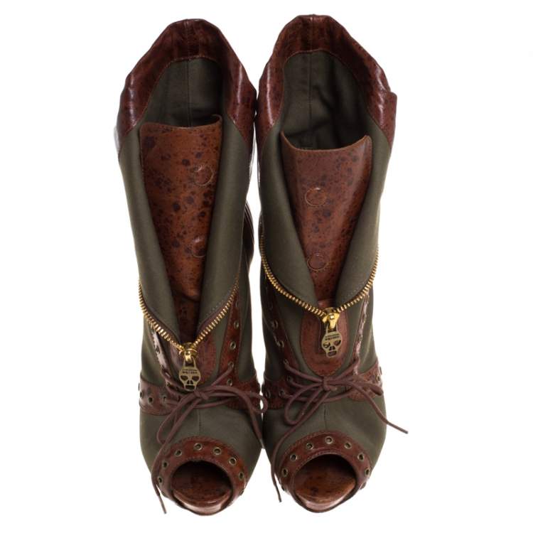 Pre Owned Alexander McQueen Khaki Green/Brown Canvas and Leather Faithful Peep Toe Boots Size 39