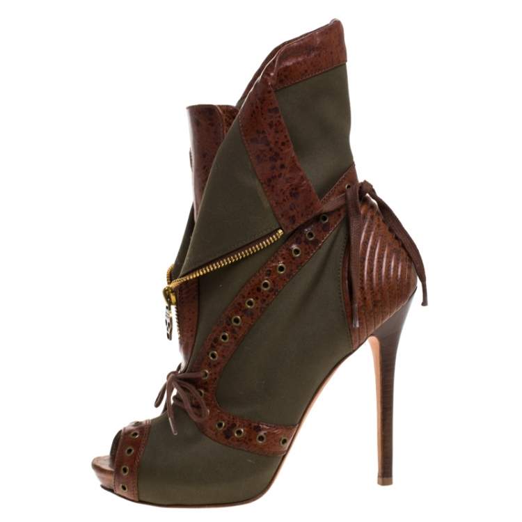 Pre Owned Alexander McQueen Khaki Green/Brown Canvas and Leather Faithful Peep Toe Boots Size 39