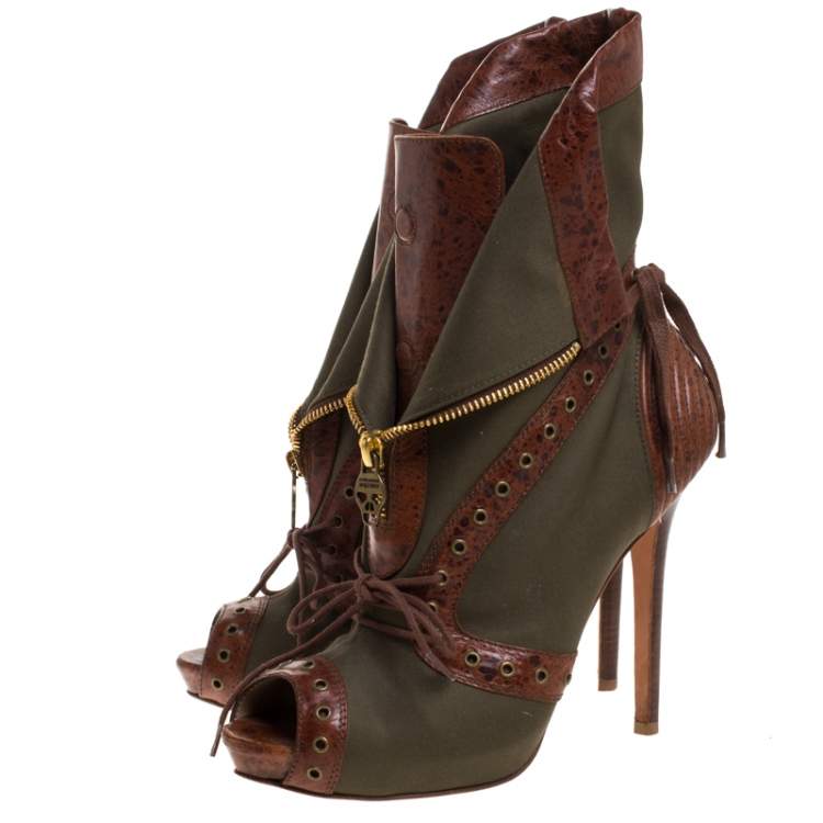 Pre Owned Alexander McQueen Khaki Green/Brown Canvas and Leather Faithful Peep Toe Boots Size 39