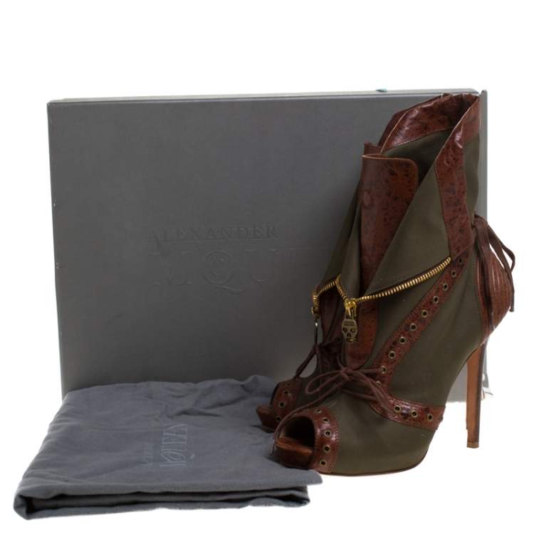Pre Owned Alexander McQueen Khaki Green/Brown Canvas and Leather Faithful Peep Toe Boots Size 39