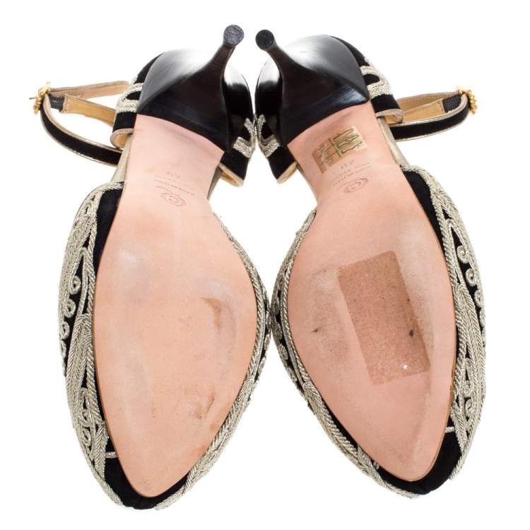 Pre Owned Alexander McQueen Black/Light Gold Cord Embroidered Suede Ankle Strap D'orsay Pumps Size 40