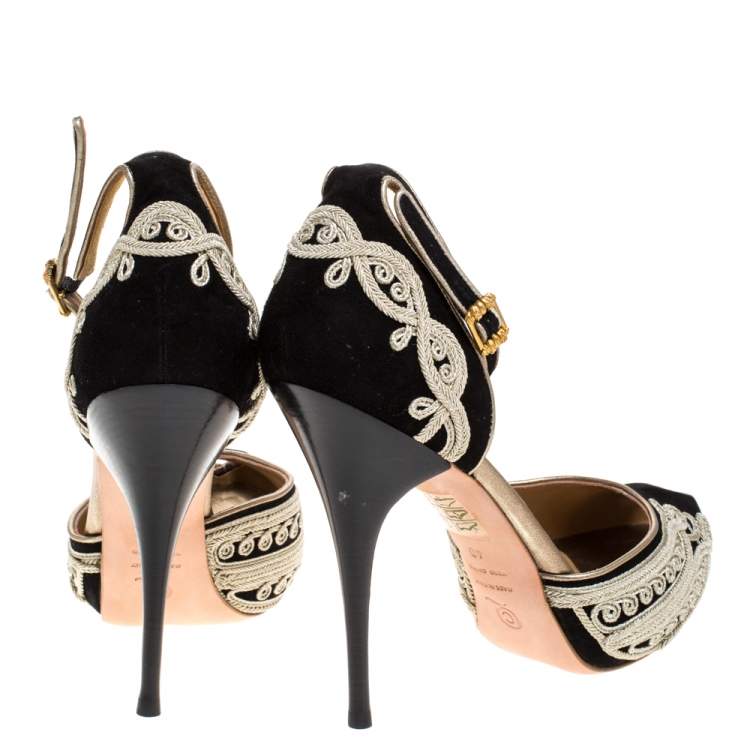 Pre Owned Alexander McQueen Black/Light Gold Cord Embroidered Suede Ankle Strap D'orsay Pumps Size 40