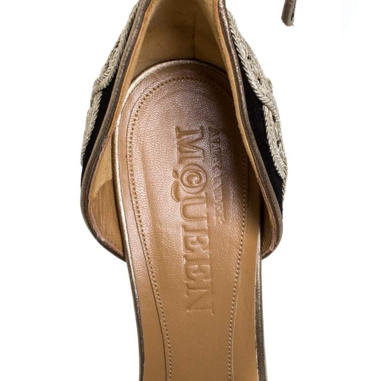 Pre Owned Alexander McQueen Black/Light Gold Cord Embroidered Suede Ankle Strap D'orsay Pumps Size 40