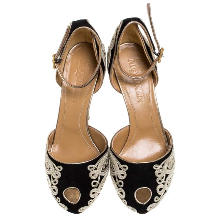 Pre Owned Alexander McQueen Black/Light Gold Cord Embroidered Suede Ankle Strap D'orsay Pumps Size 40