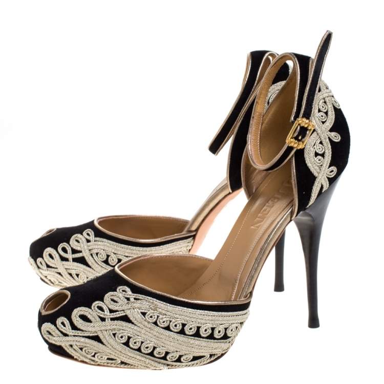 Pre Owned Alexander McQueen Black/Light Gold Cord Embroidered Suede Ankle Strap D'orsay Pumps Size 40