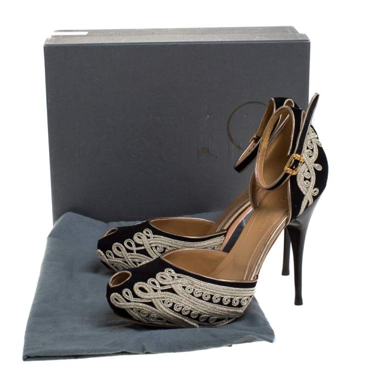 Pre Owned Alexander McQueen Black/Light Gold Cord Embroidered Suede Ankle Strap D'orsay Pumps Size 40